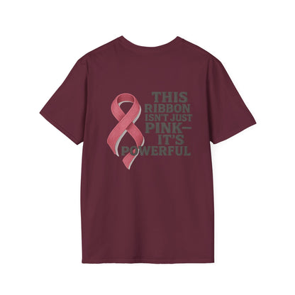 Powerful Pink Ribbon Unisex Softstyle T-Shirt, Awareness Shirt, Gift for Mom, Cancer Support Tee, Fundraiser T-Shirt