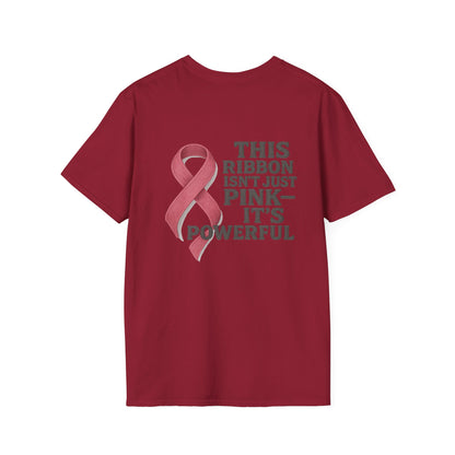 Powerful Pink Ribbon Unisex Softstyle T-Shirt, Awareness Shirt, Gift for Mom, Cancer Support Tee, Fundraiser T-Shirt