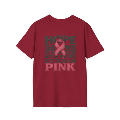 Hope Grows Stronger Unisex Softstyle T-Shirt, Breast Cancer Awareness Tee, Inspirational Shirt, Supportive Gift, Family and Friends